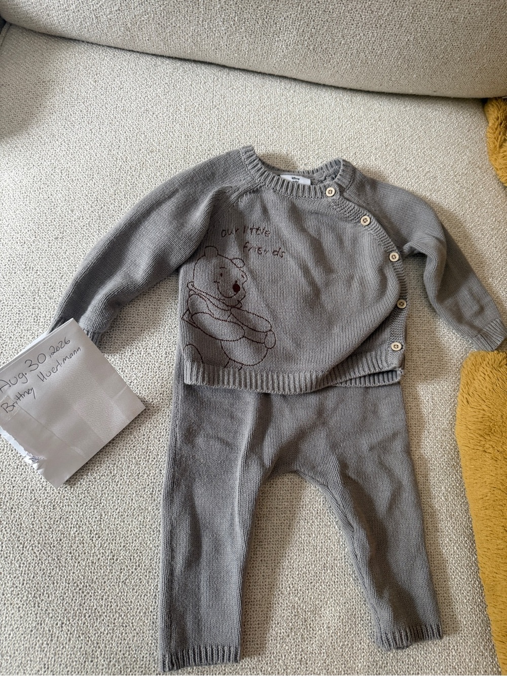 Disney Gray Knit Baby Matching Set with Winnie the Pooh Detail